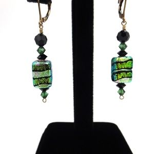 Green & Black Square Dichroic Glass Earrings